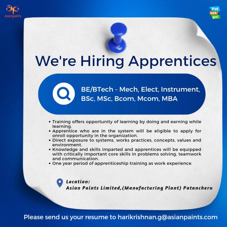 Apprentices at Asian Paints.Degree/Engineering/MBA jobs in india