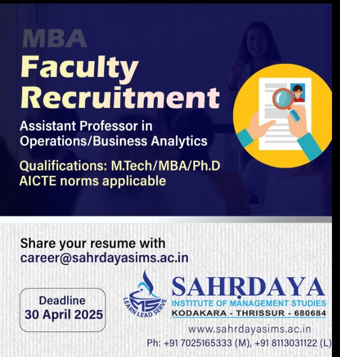 Faculty Recruitment at SAHRDAYA INSTITUTE, Kodakara, thrissur